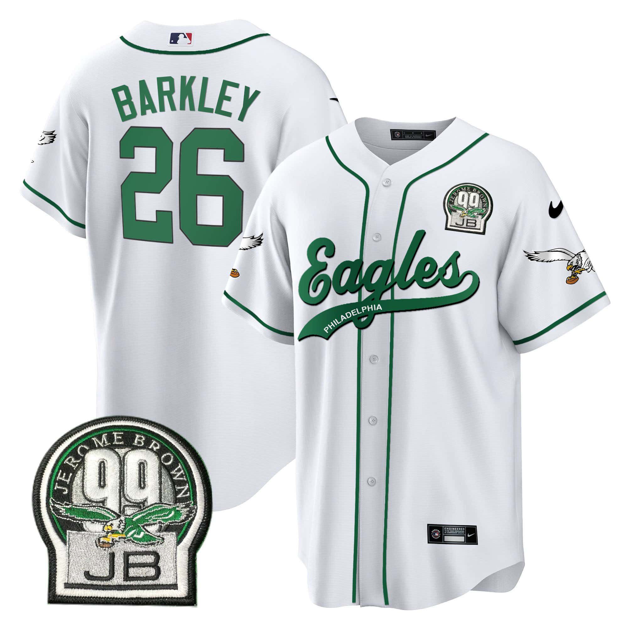 Men Philadelphia Eagles 26 Barkley White 2024 Nike Jerome Brown Retired Patch Baseball NFL Jersey